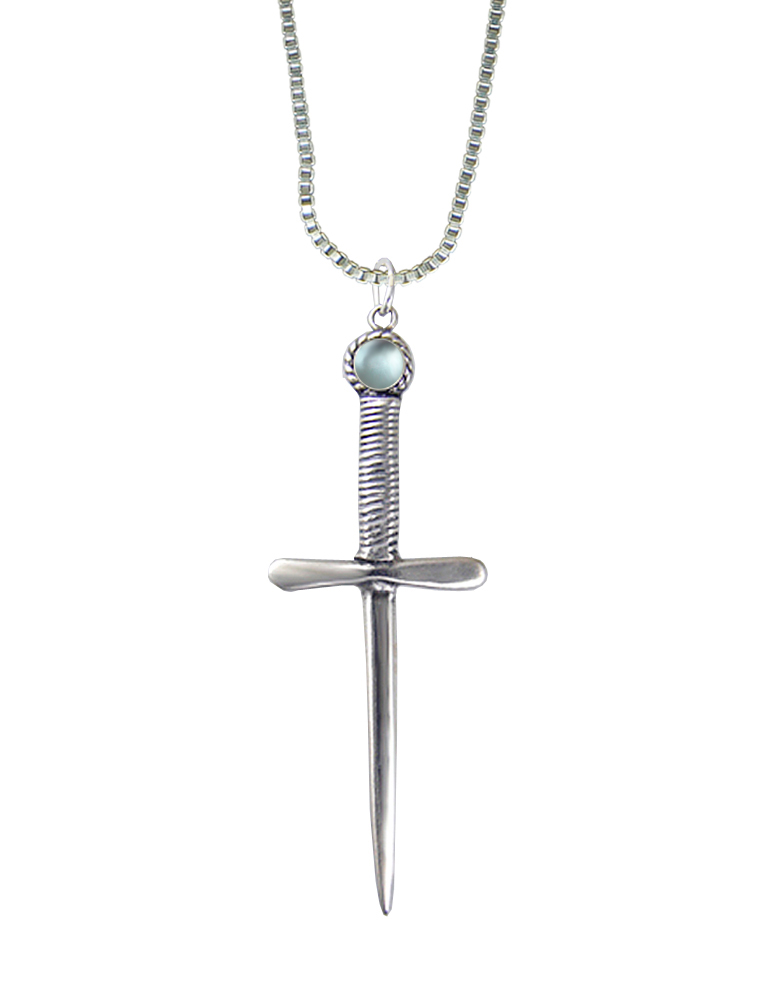 Sterling Silver Queen's Protector Knife Dagger Pendant With Blue Topaz